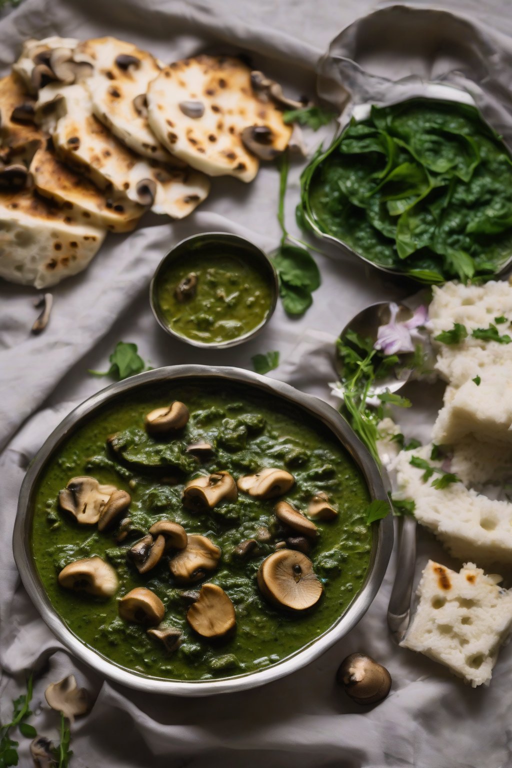 A high-resolution photo of mushroom palak paneer with sliced mushrooms peeking through green gravy, under soft lighting.