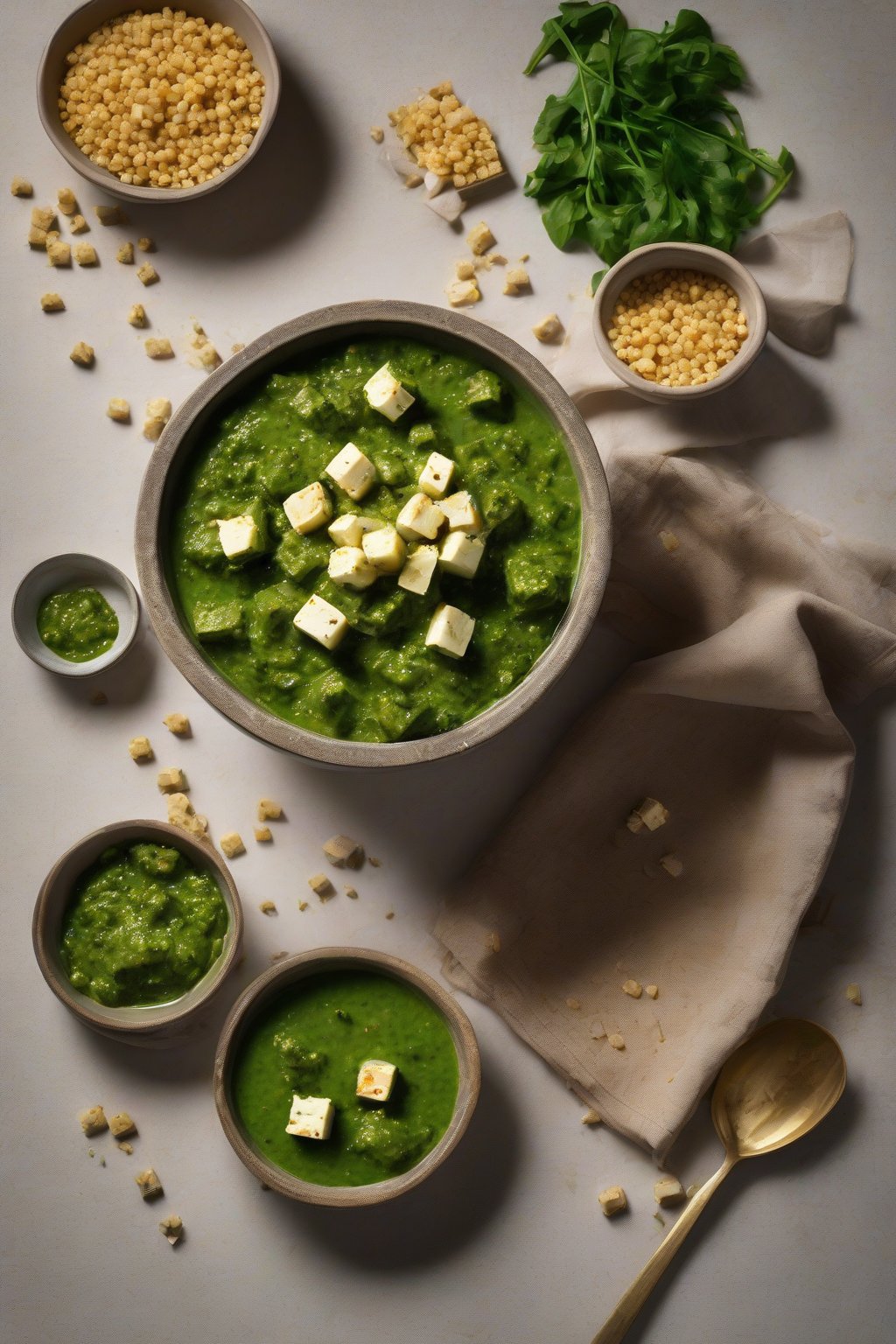 A high-resolution photo of quinoa palak paneer grains studded in green sauce with paneer cubes, in a modern bowl under soft lighting.