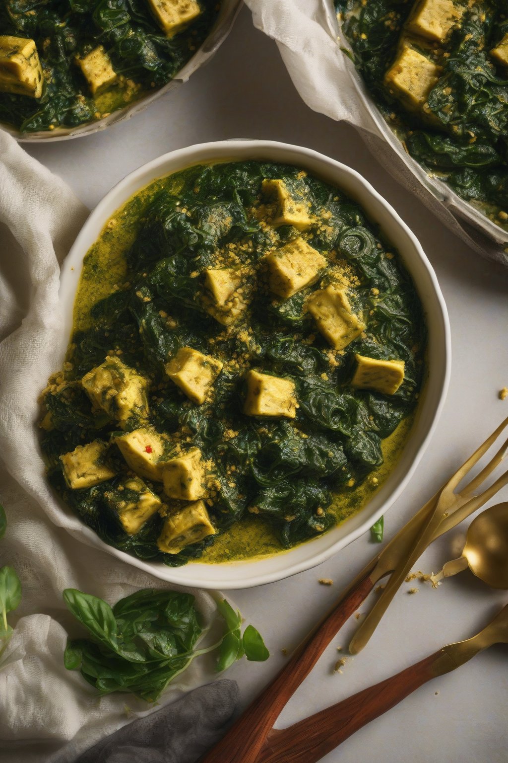 A high-resolution photo of kale spinach palak paneer with deep green swirls, topped with nutritional yeast, under soft lighting.