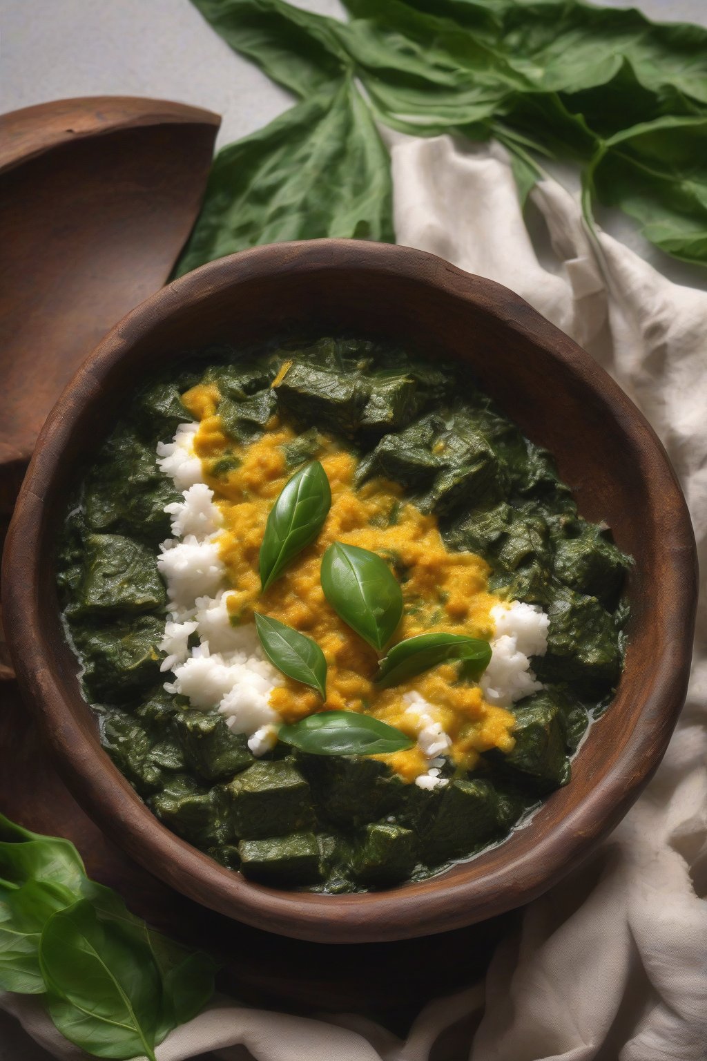 A high-resolution photo of coconut palak paneer with frothy coconut topping and curry leaves, in a coconut shell bowl under soft lighting.