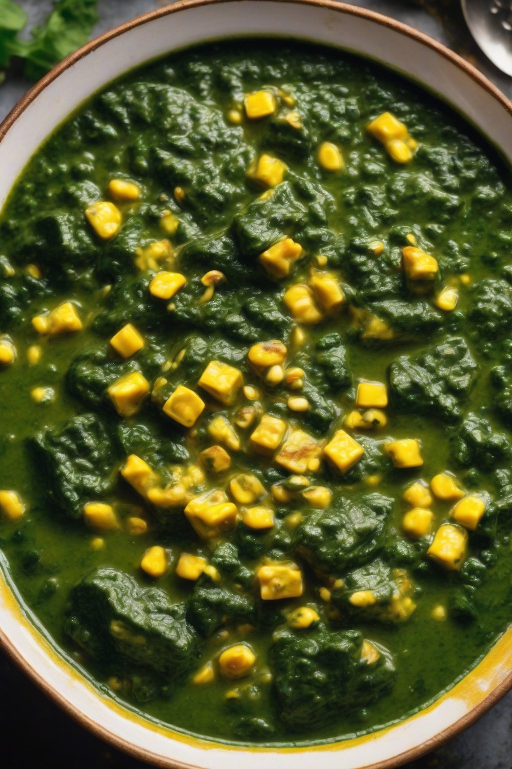 A high-resolution photo of corn palak paneer bursting with yellow kernels in lush green gravy, under soft lighting.
