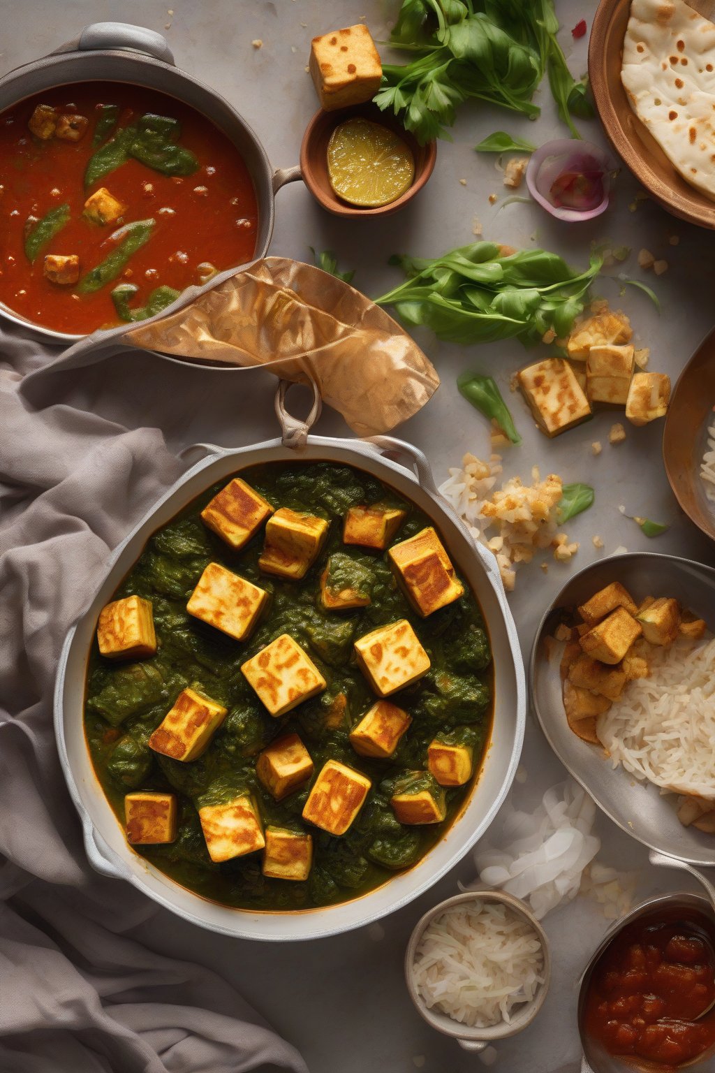 A high-resolution photo of tofu vegan palak paneer with golden-fried tofu cubes in vibrant sauce, under soft lighting.
