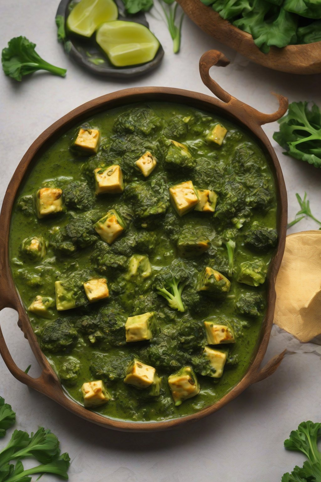 A high-resolution photo of broccoli palak paneer with green florets integrated seamlessly, served hot under soft lighting.