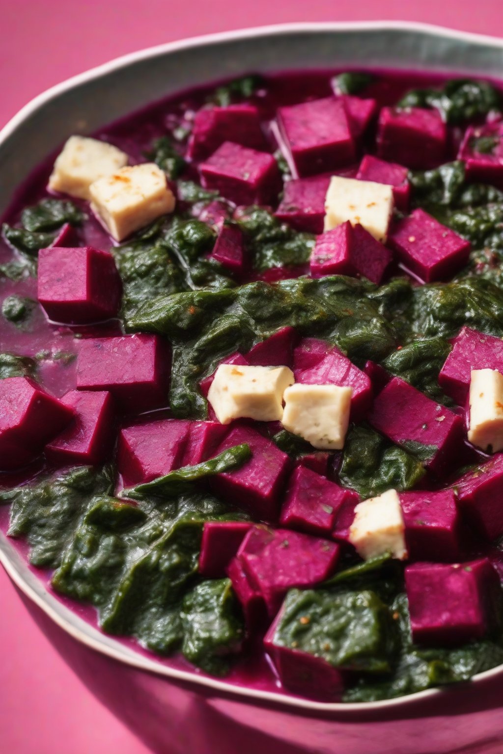A high-resolution photo of beetroot palak paneer with rosy pink-green gradients and paneer chunks, under soft lighting.
