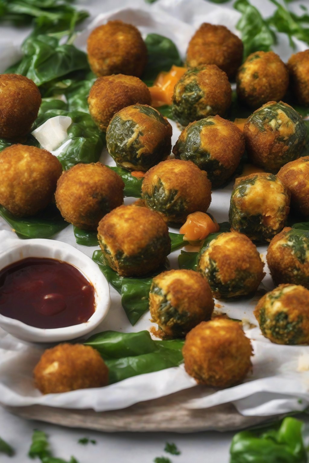 A high-resolution photo of cheese-stuffed palak paneer balls crispy on the outside with oozing cheese, under soft lighting.