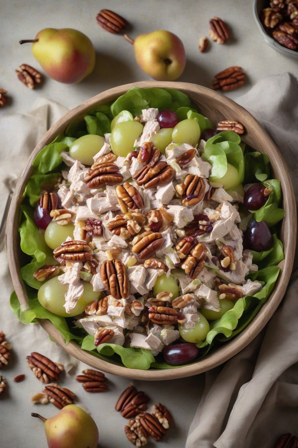 A high-resolution photo of pear and pecan chicken salad with grapes piled high in a rustic bowl, pecans visible, under soft lighting.