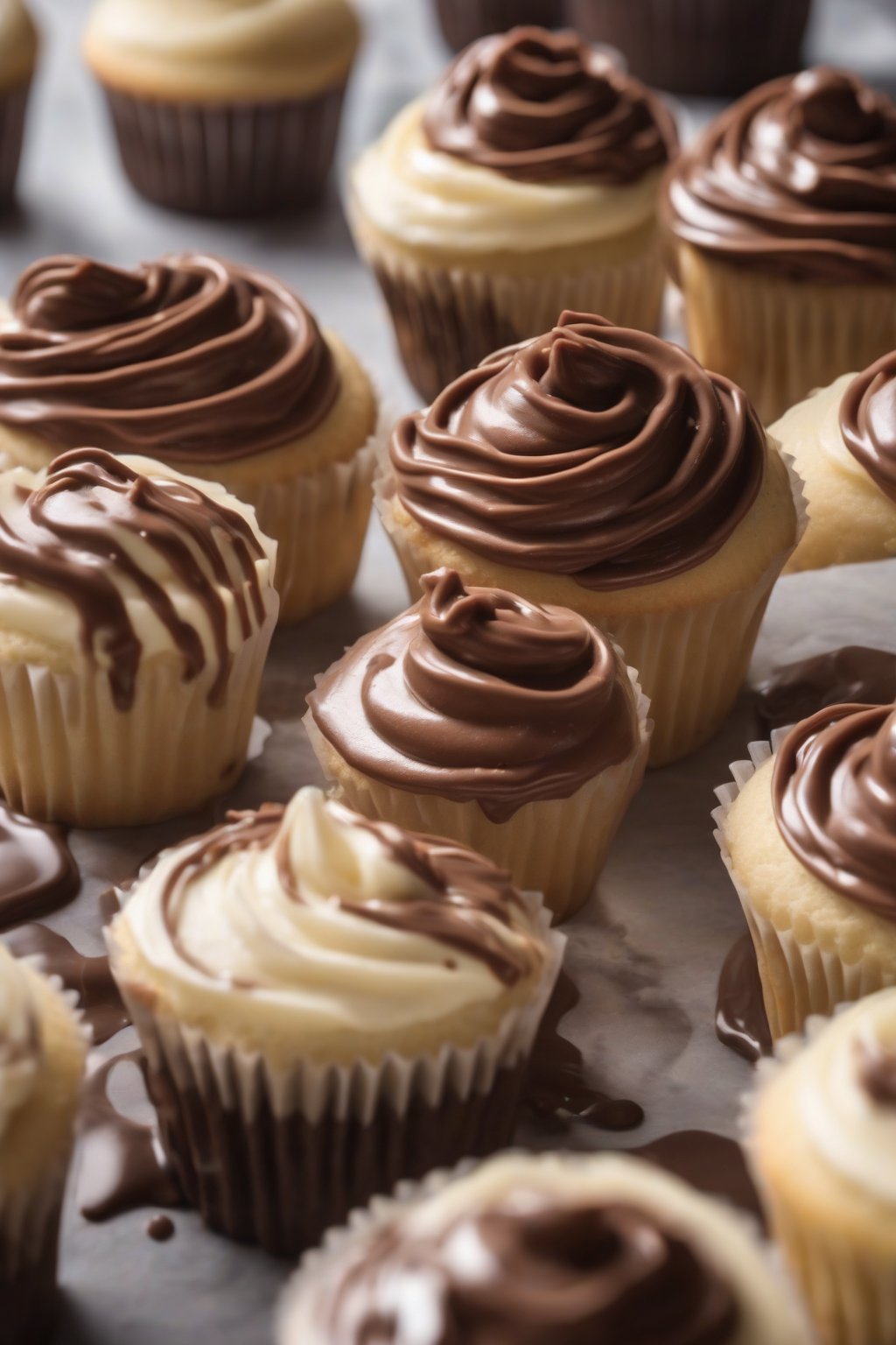 A high-resolution photo of smooth milk chocolate ganache glazing vanilla cupcakes under soft lighting.