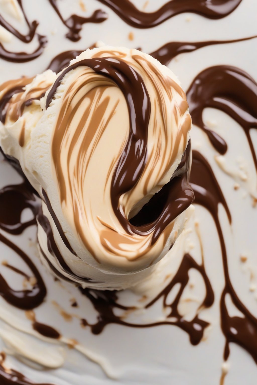 A high-resolution photo of peanut butter chocolate ganache swirling on vanilla ice cream under soft lighting.