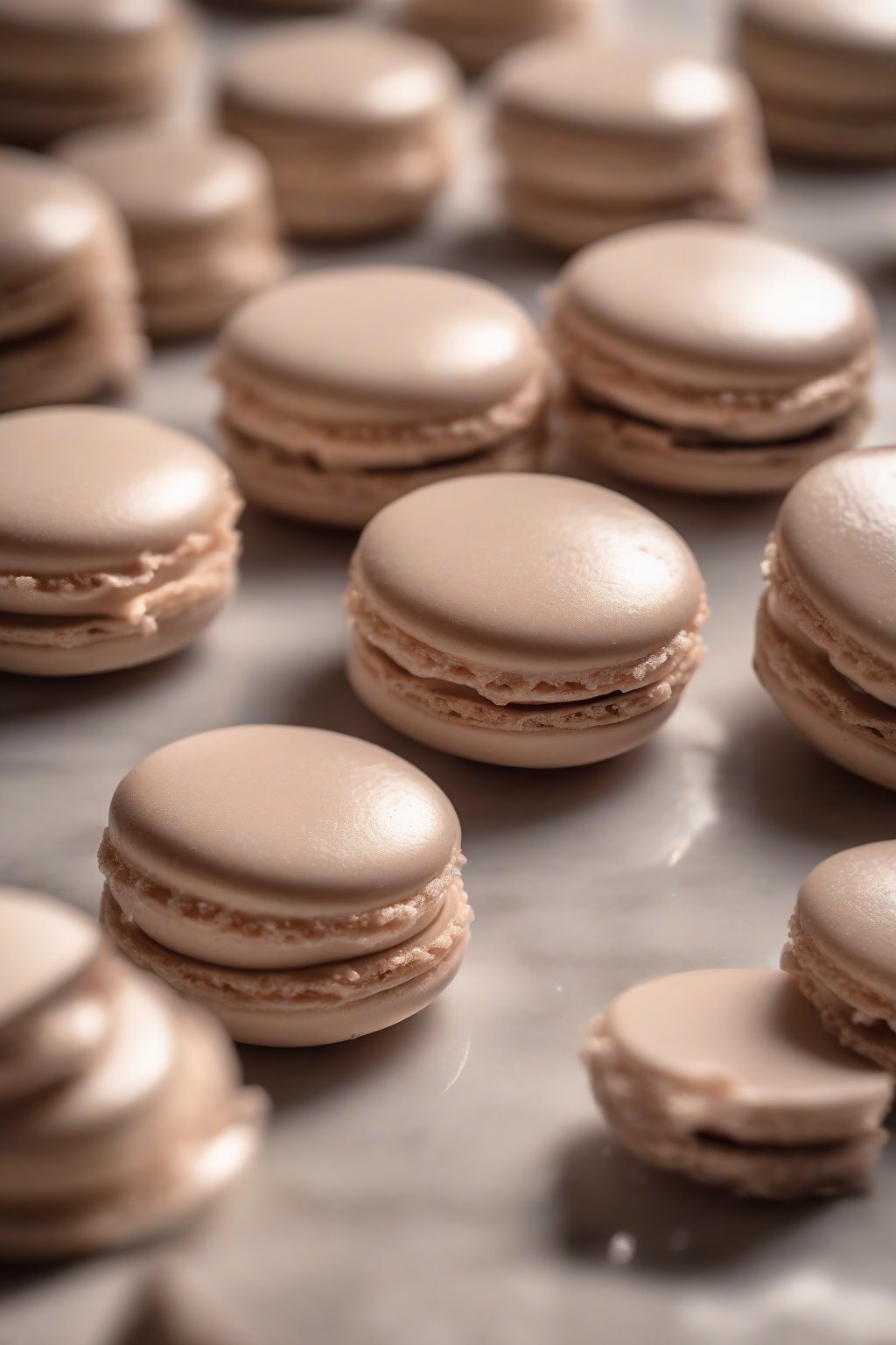 A high-resolution photo of coconut ganache glistening on stacked macarons under soft lighting.