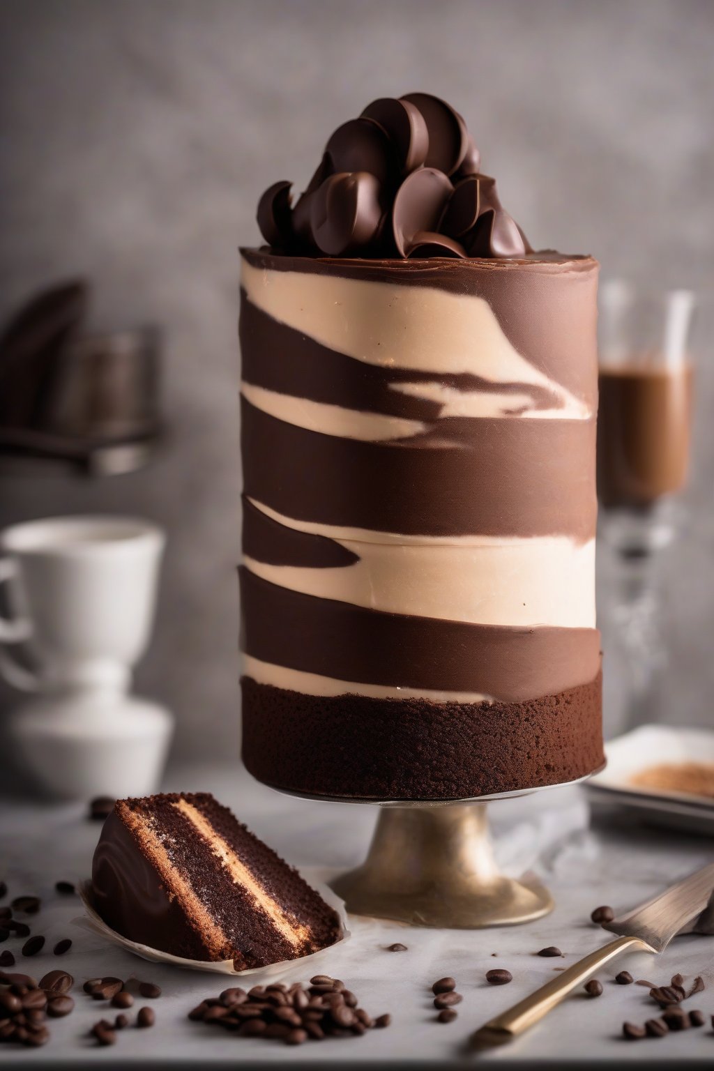 A high-resolution photo of espresso ganache coating a layered mocha cake under soft lighting.