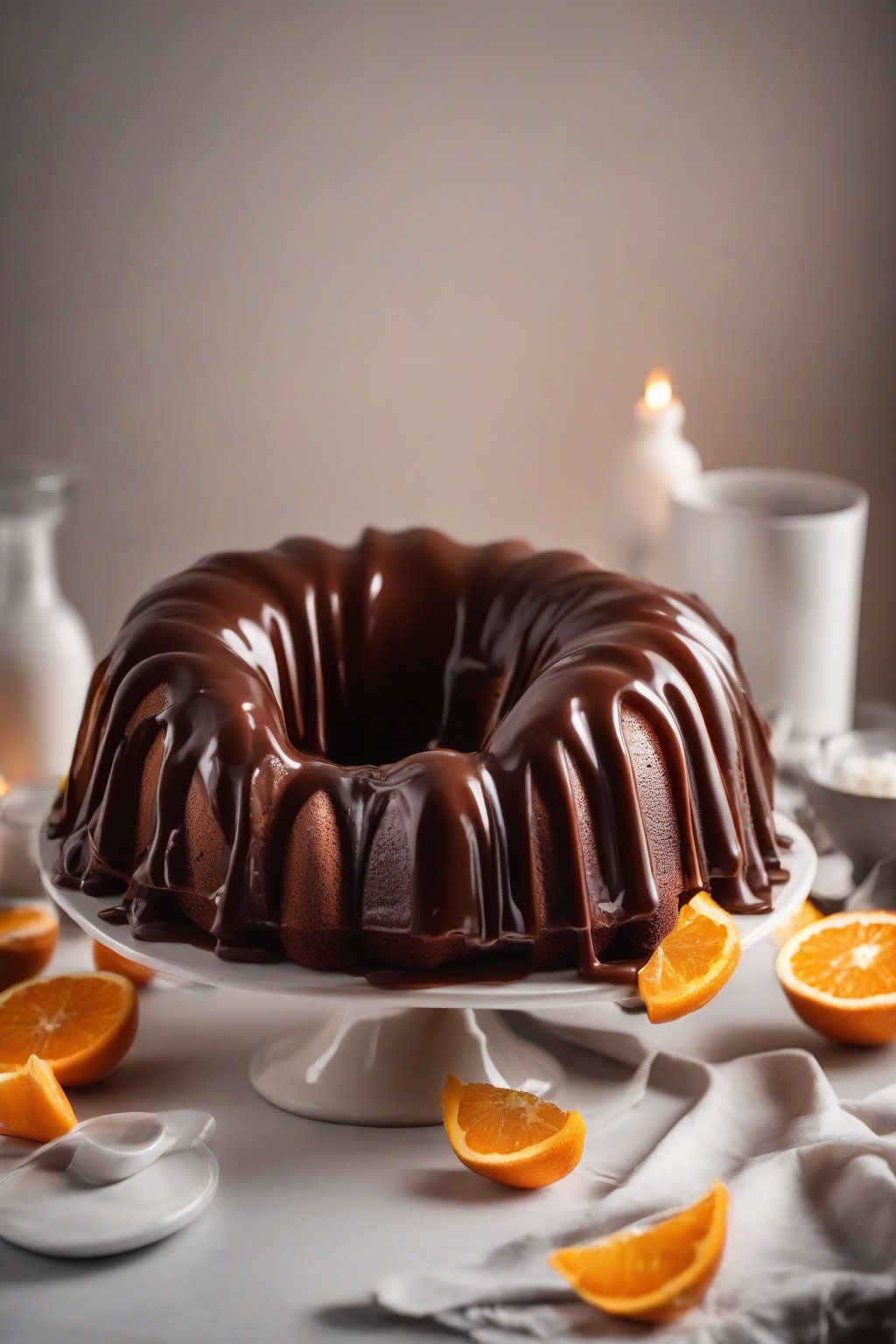 A high-resolution photo of orange-zested glossy ganache on a bundt cake under soft lighting.