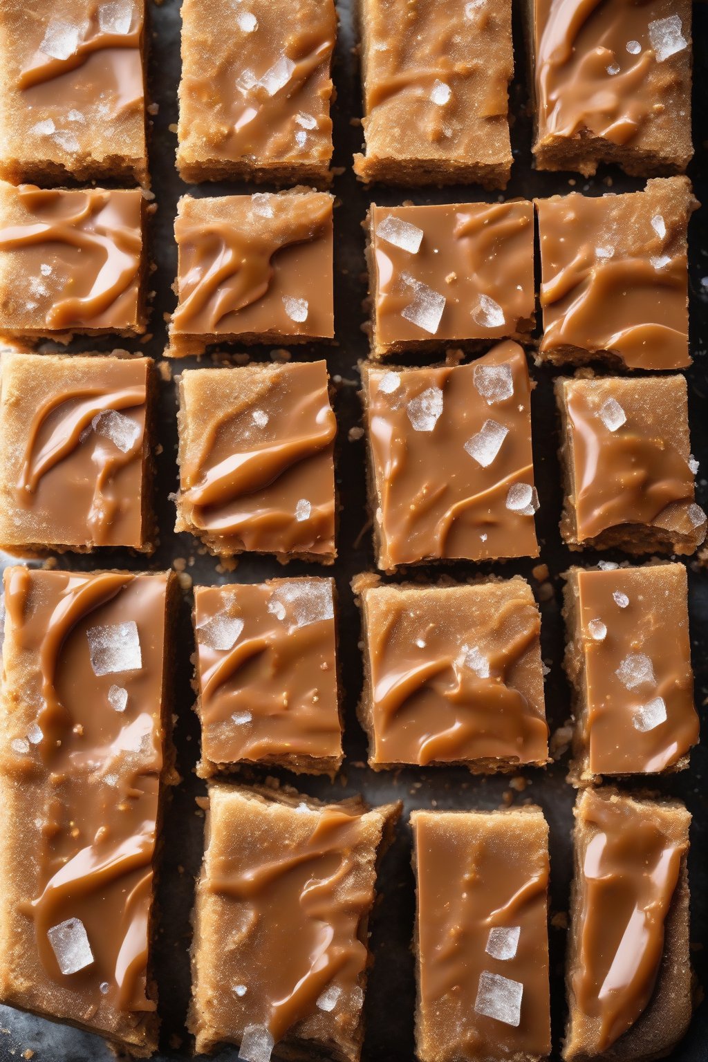 A high-resolution photo of salted caramel ganache with salt crystals on blondies under soft lighting.