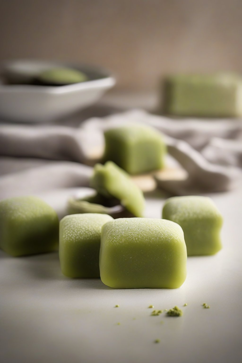A high-resolution photo of matcha ganache enveloping green tea mochi under soft lighting.