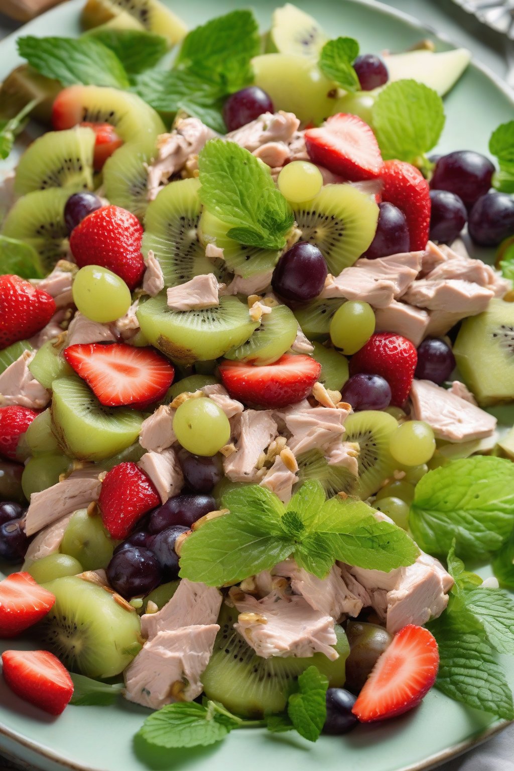 A high-resolution photo of kiwi strawberry chicken salad with grapes in a vibrant plate, mint leaves garnish, under soft lighting.