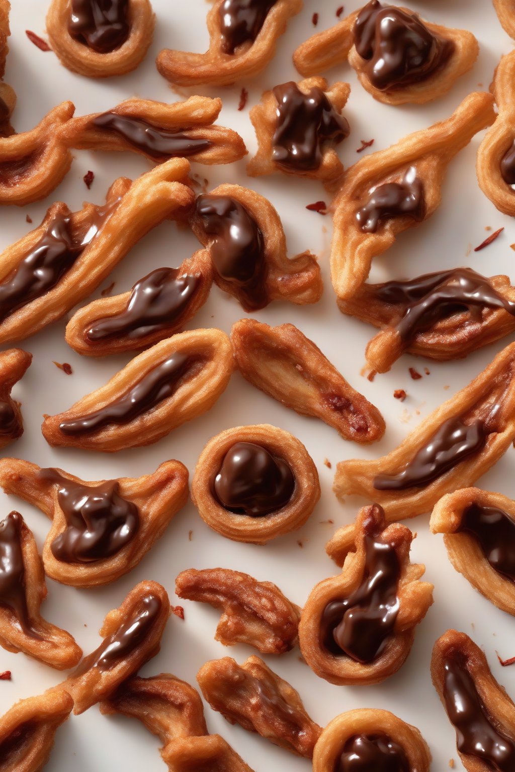 A high-resolution photo of chili-spiced glossy ganache on cinnamon churros under soft lighting.