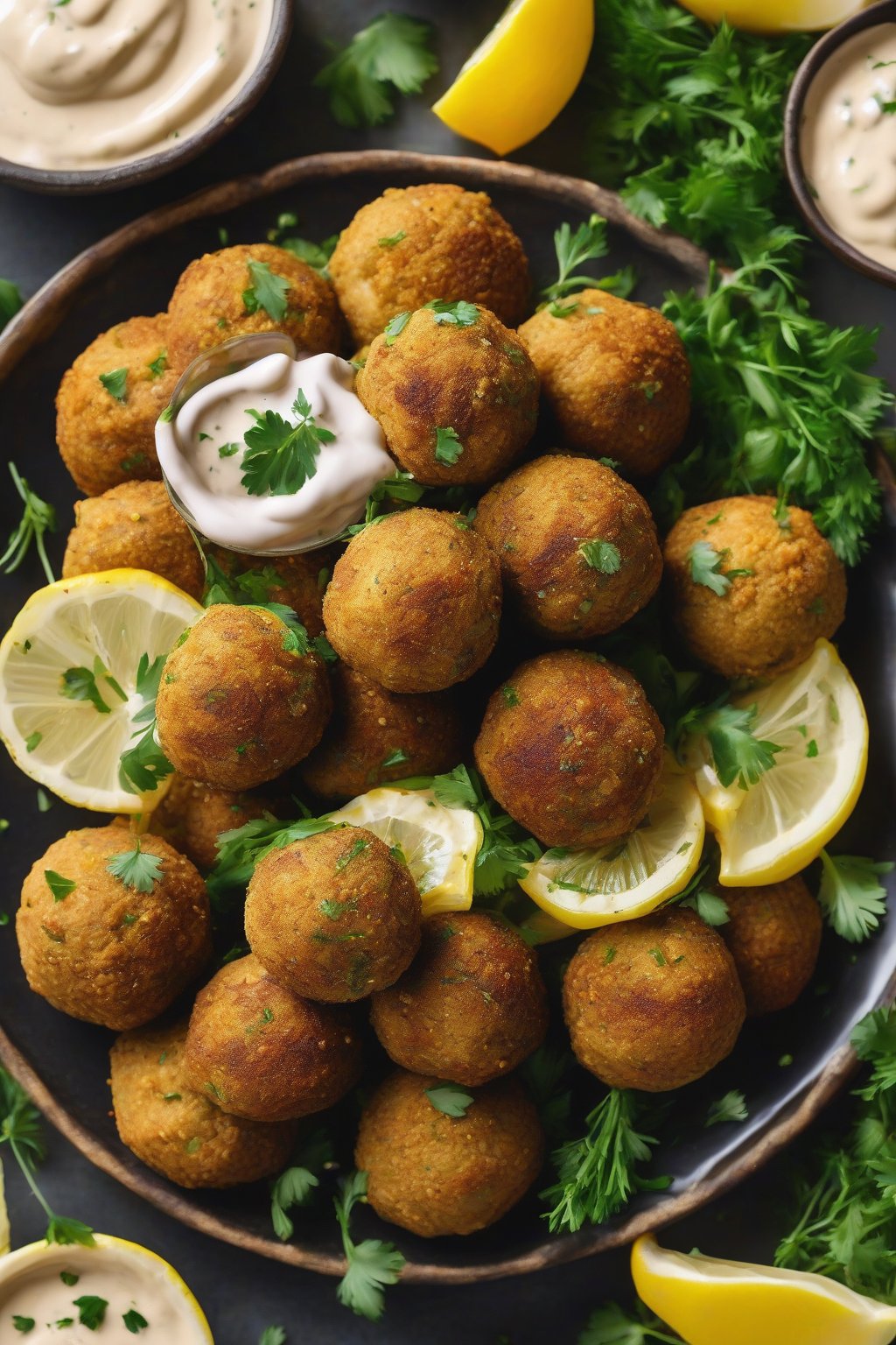 A high-resolution close-up photo of golden classic chickpea falafel balls on a plate with tahini drizzle, fresh herbs, and lemon wedges under soft lighting.