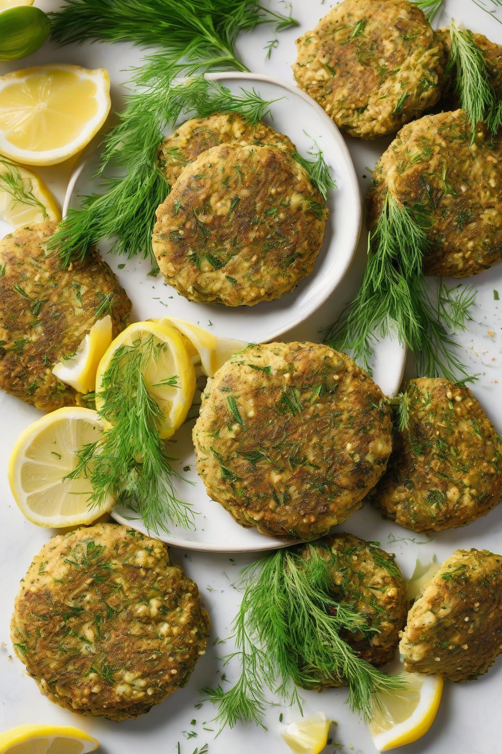 A high-resolution close-up photo of lemon herb falafel patties scattered with fresh dill and lemon slices on a white plate under soft lighting.