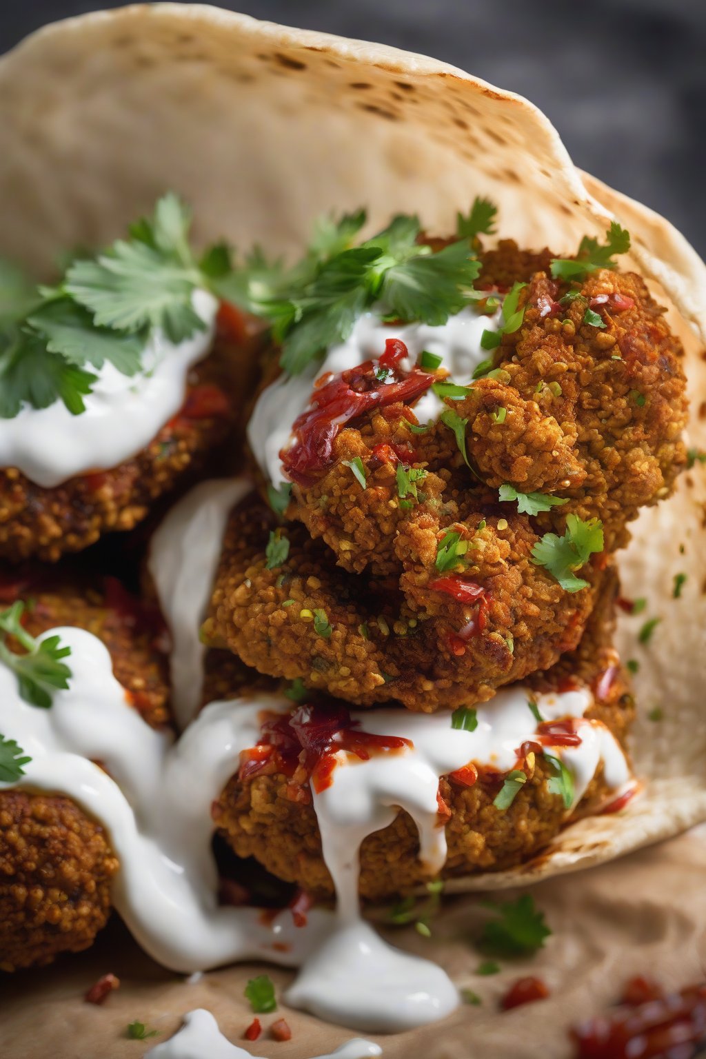 A high-resolution close-up photo of spicy harissa falafel with red flecks, served in pita with yogurt sauce under soft lighting.