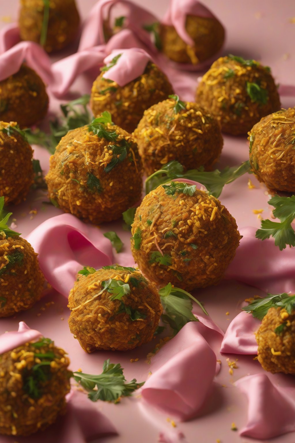 A high-resolution close-up photo of golden beetroot falafel balls with pink interiors, garnished with greens under soft lighting.