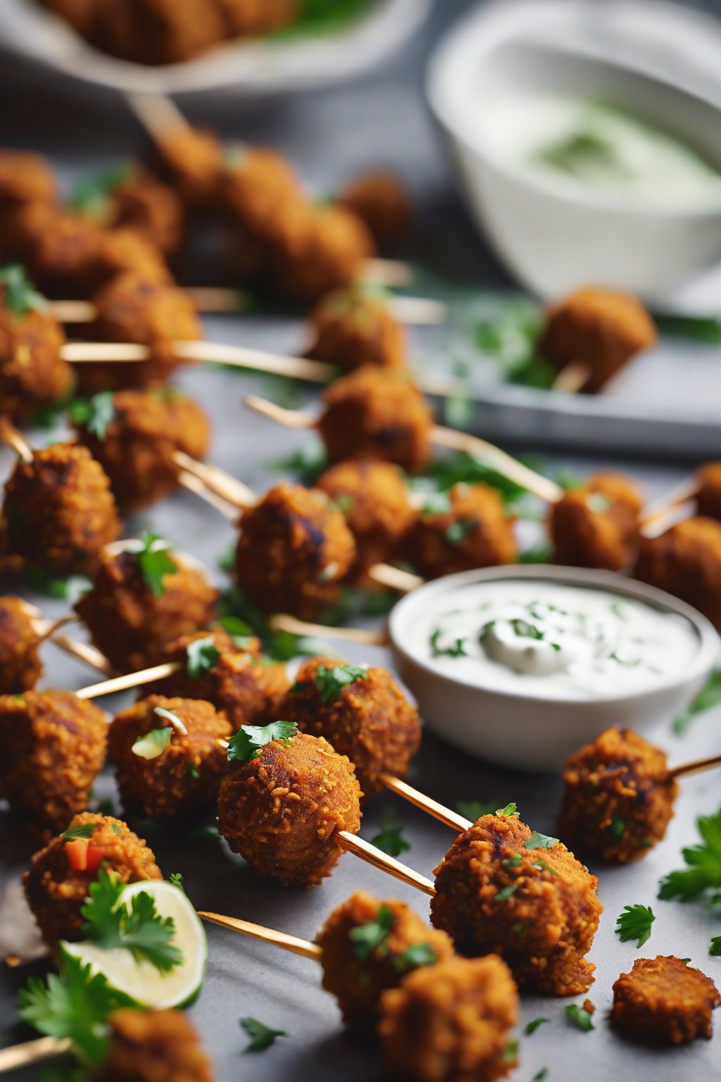 A high-resolution close-up photo of bite-sized sweet potato falafel on skewers with yogurt dip under soft lighting.