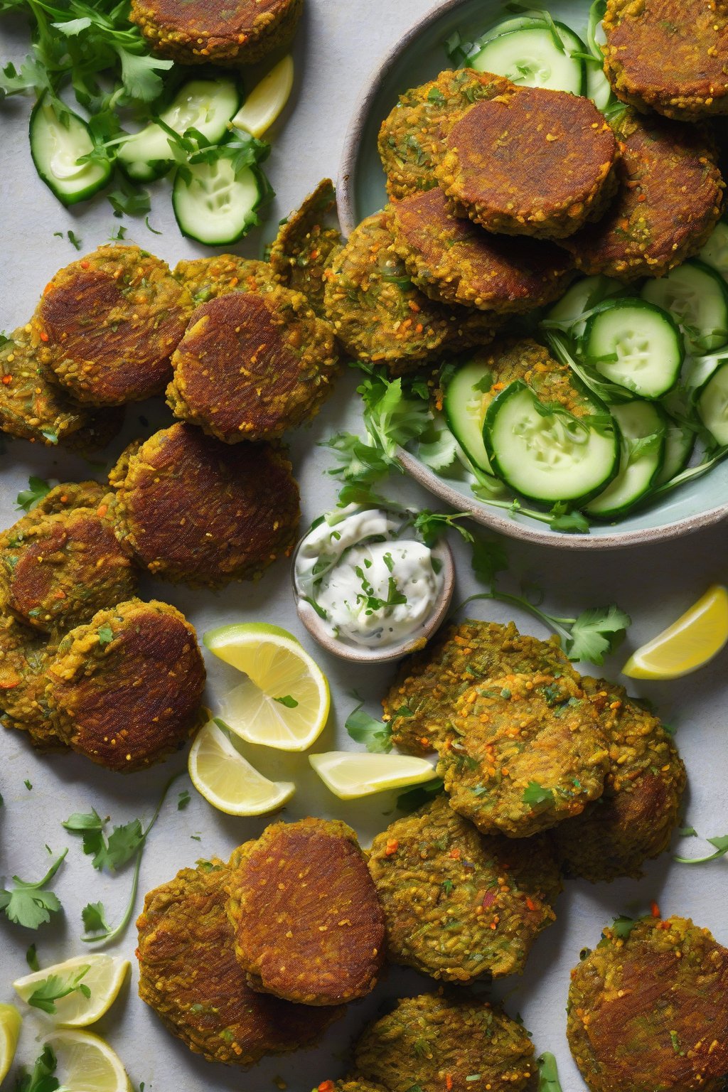 A high-resolution close-up photo of red lentil falafel patties with turmeric glow, beside cucumber salad under soft lighting.