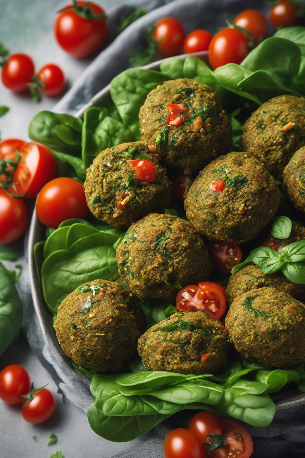 A high-resolution close-up photo of vibrant green spinach mint falafel in a bowl with tomatoes under soft lighting.