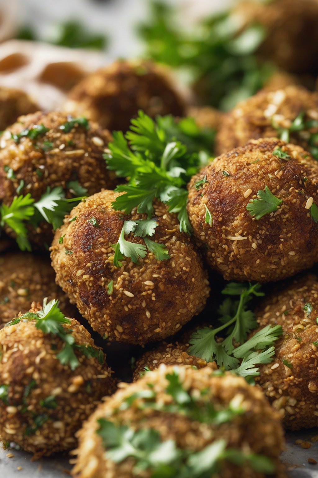 A high-resolution close-up photo of roasted garlic falafel oozing soft cloves, with parsley sprigs under soft lighting.