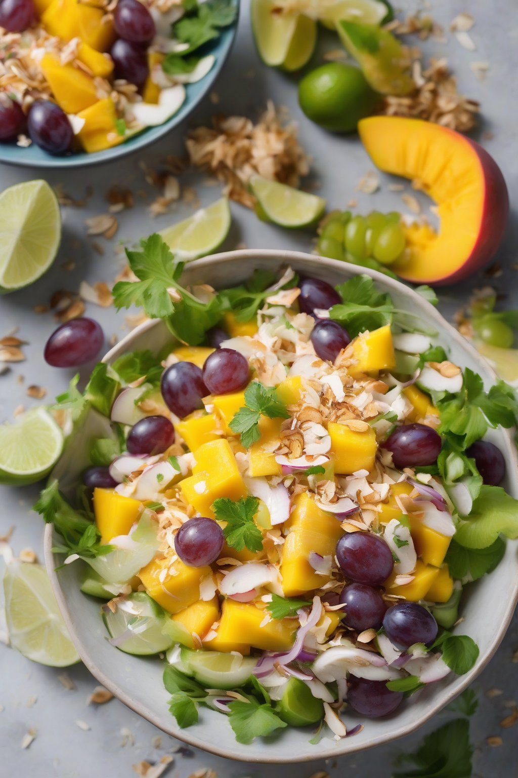 A high-resolution photo of mango coconut chicken salad with grapes and toasted flakes in a tropical bowl, lime zest on top, under soft lighting.