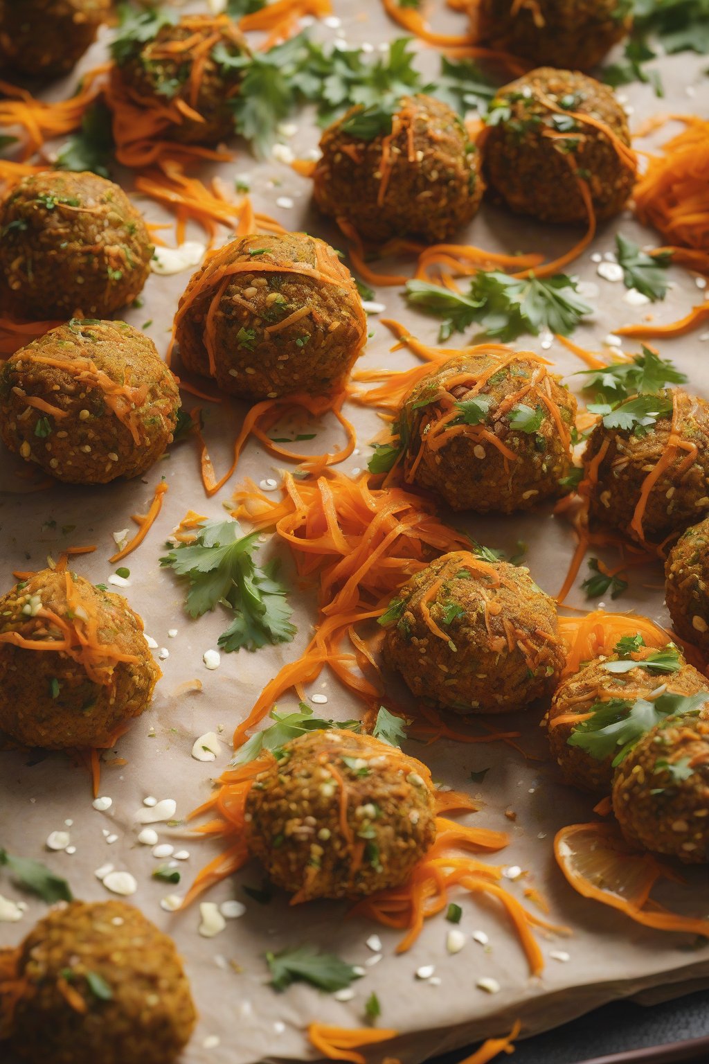A high-resolution close-up photo of carrot cumin falafel flecked with orange shreds on flatbread under soft lighting.