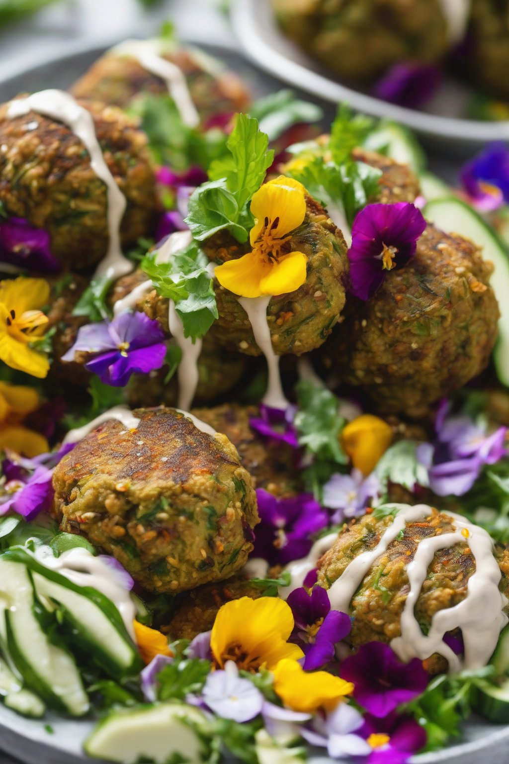 A high-resolution close-up photo of zucchini falafel with edible flowers, drizzled in tahini under soft lighting.