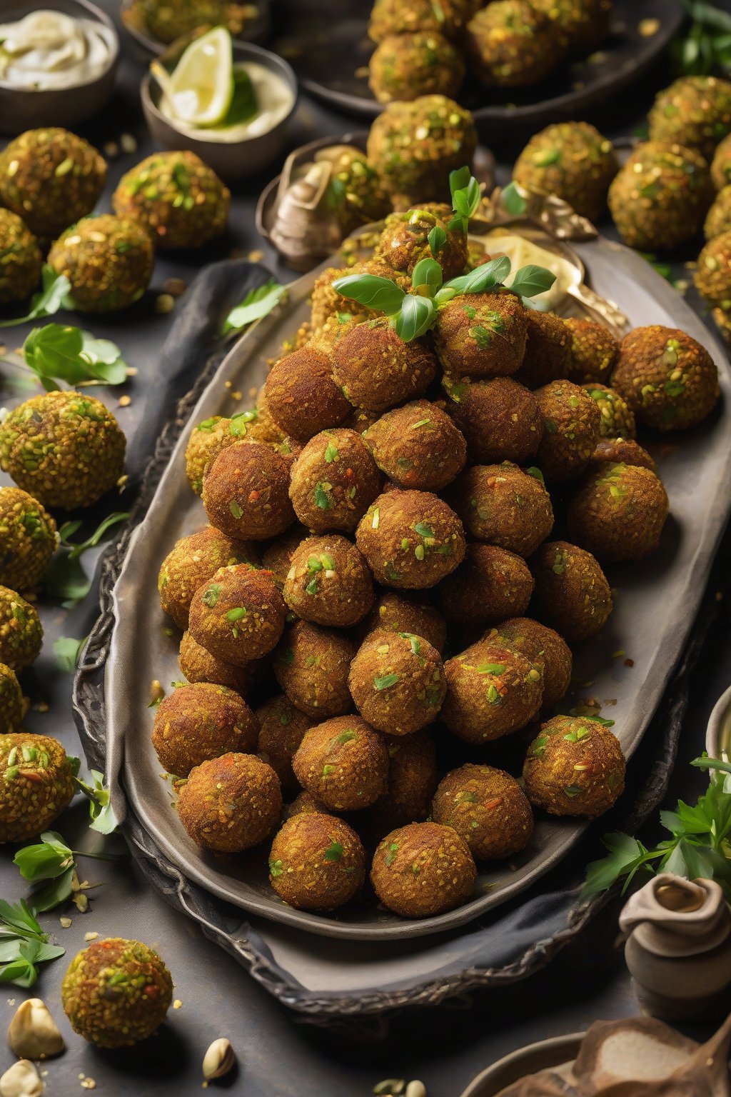 A high-resolution close-up photo of pistachio-crusted golden falafel balls on a mezze platter under soft lighting.