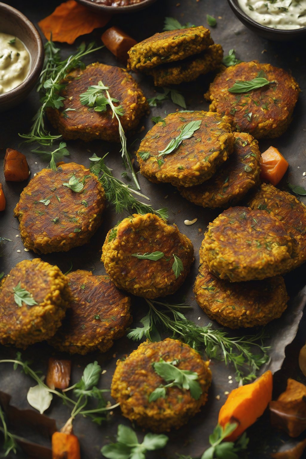 A high-resolution close-up photo of pumpkin falafel patties with autumn herbs under soft lighting.