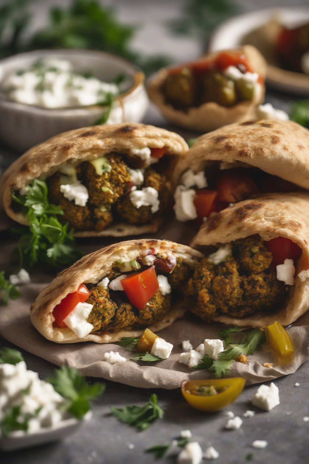 A high-resolution close-up photo of olive tomato falafel stuffed in pita with feta under soft lighting.