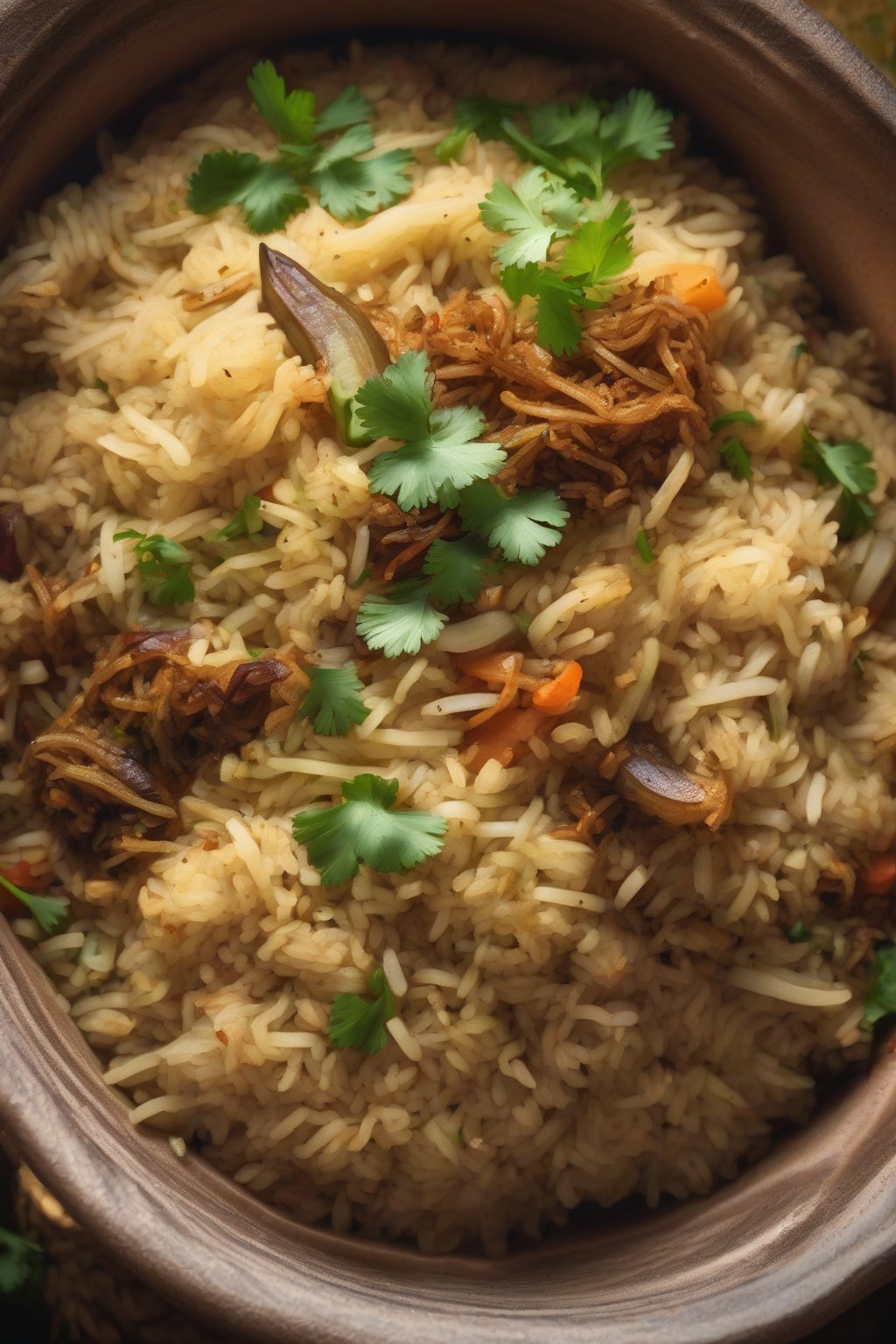 A high-resolution photo of steaming classic veg pulao in a clay pot, garnished with fried onions and cilantro, under soft lighting.