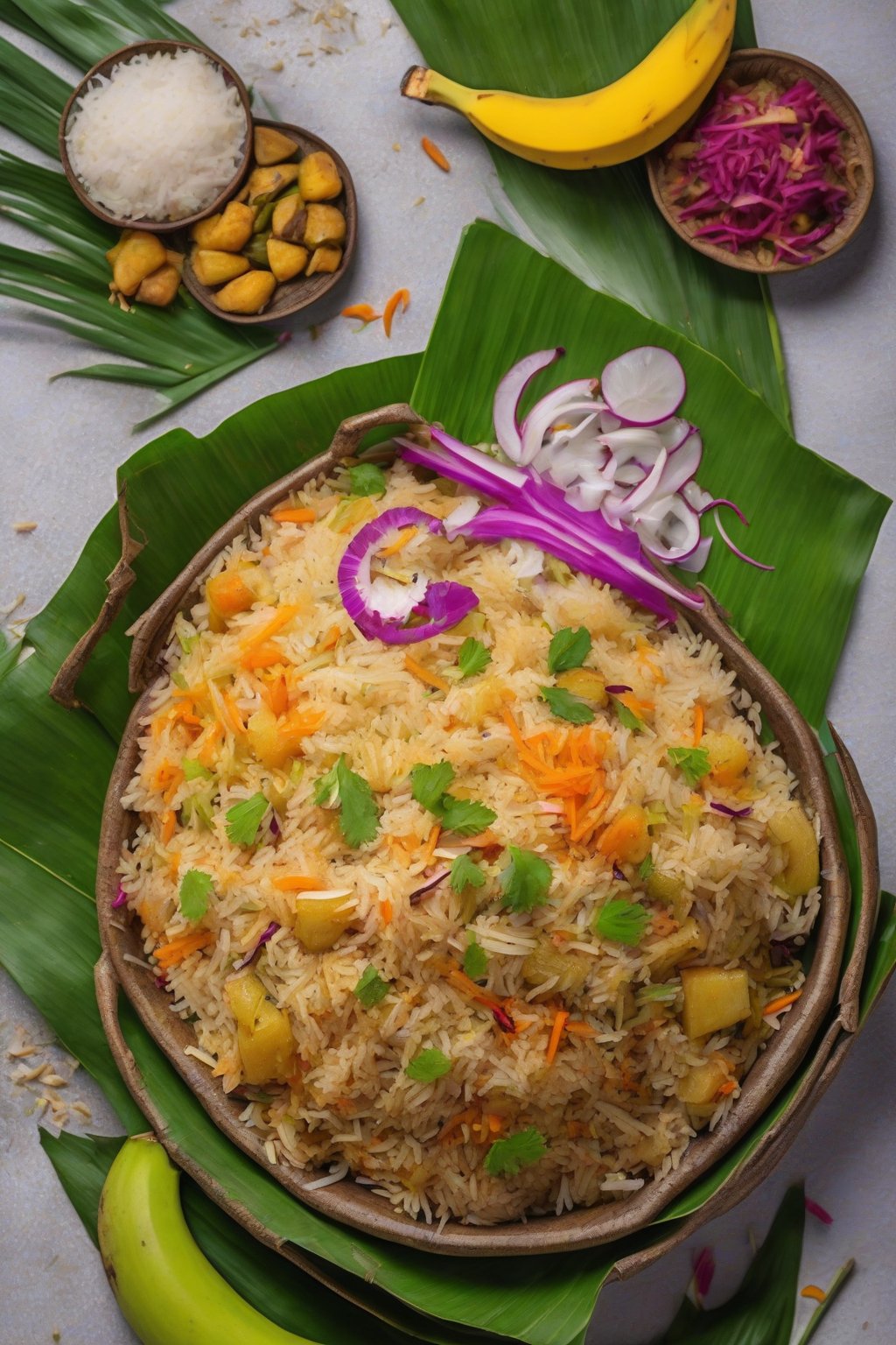 A high-resolution photo of vibrant coconut veg pulao topped with grated coconut, served in a banana leaf bowl, under soft lighting.