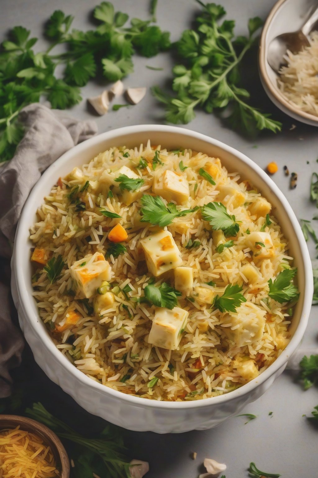 A high-resolution photo of golden paneer veg pulao with melted cheese bits and green herbs, in a white bowl, under soft lighting.