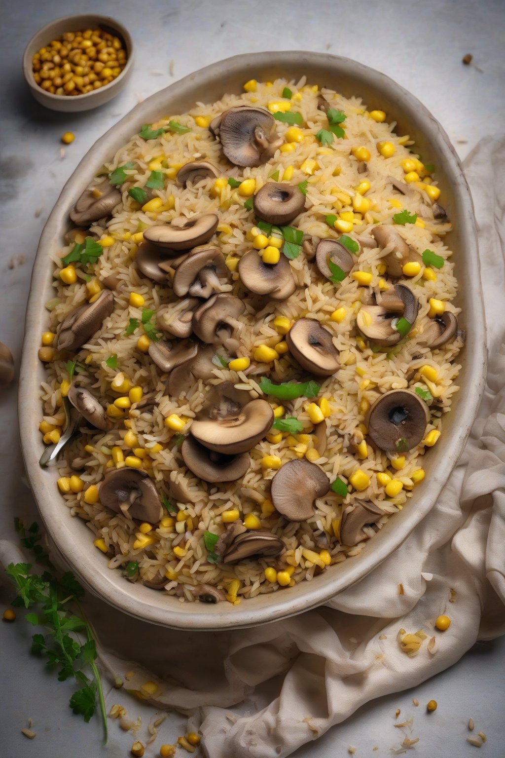 A high-resolution photo of mushroom-studded veg pulao with juicy slices and corn kernels, steam rising, under soft lighting.