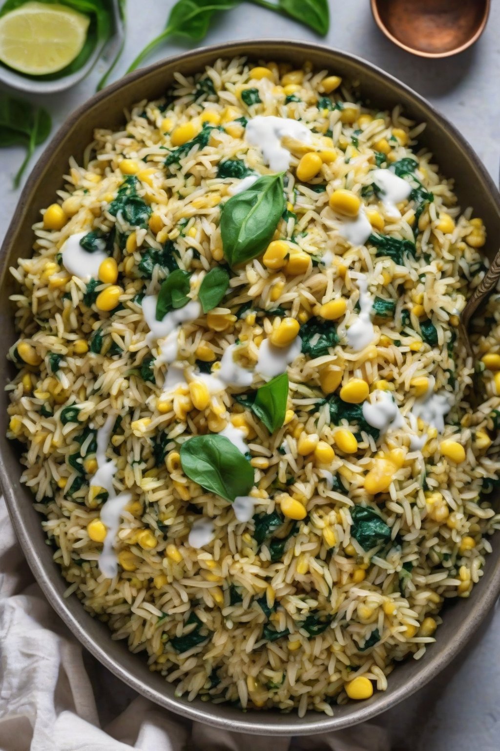 A high-resolution photo of emerald spinach corn pulao piled high in a serving dish, drizzled with yogurt, under soft lighting.