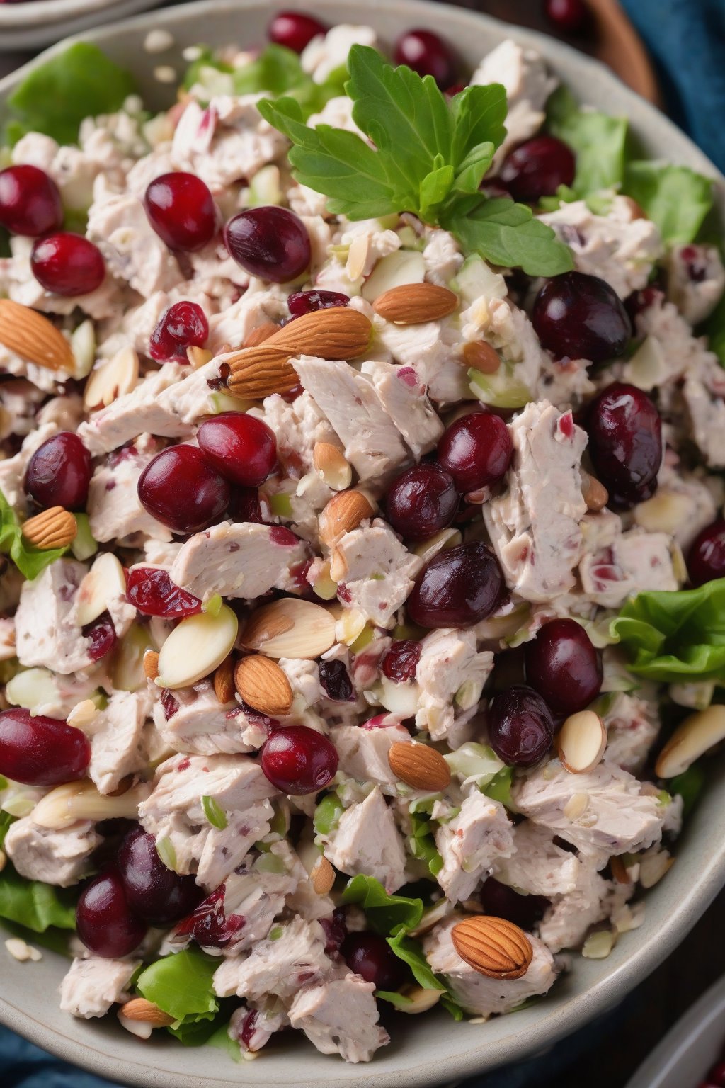A high-resolution photo of cranberry almond chicken salad with grapes in a holiday-style bowl, almonds shining, under soft lighting.