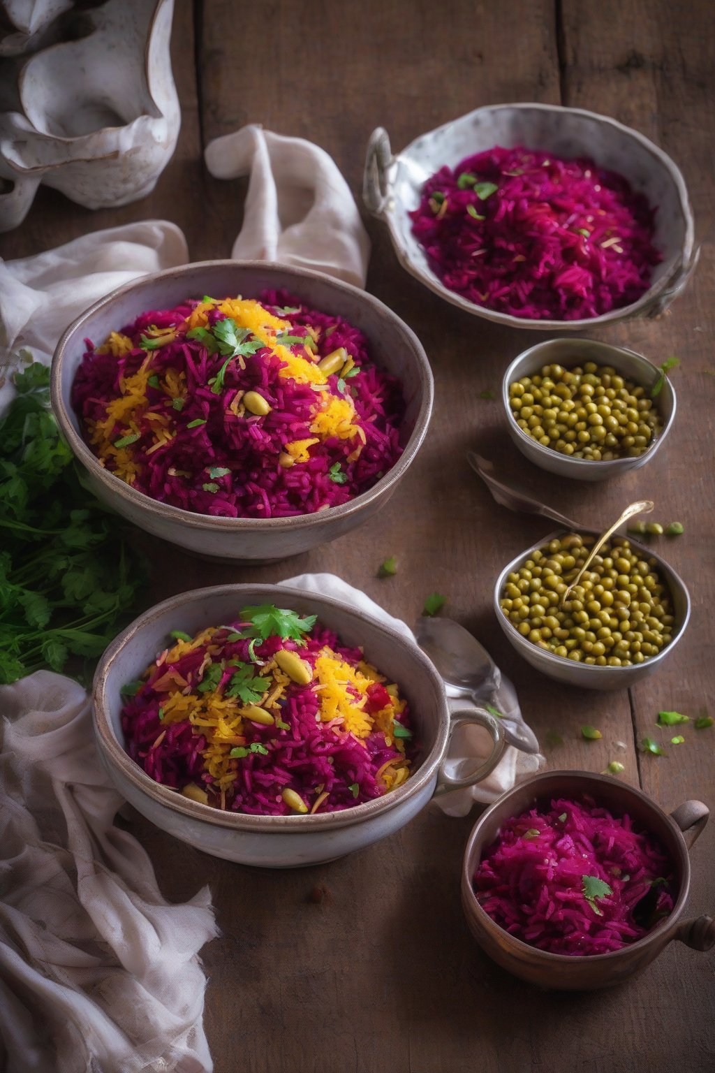 A high-resolution photo of ruby-red beetroot veg pulao with golden peas, in a rustic bowl, under soft lighting.