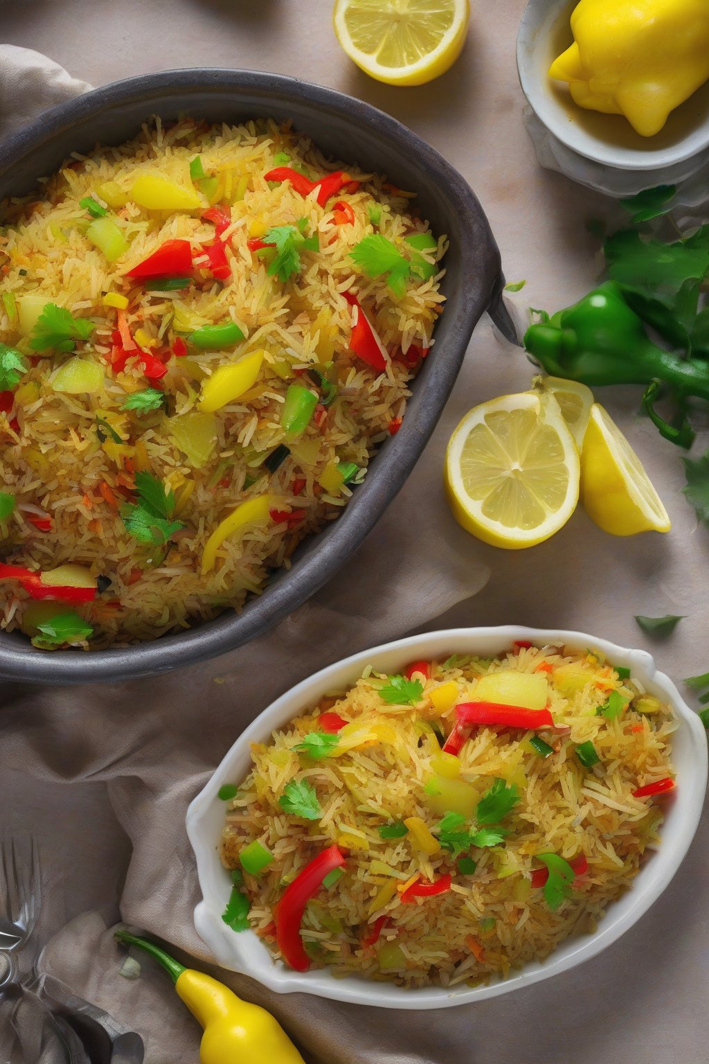 A high-resolution photo of colorful capsicum potato pulao with crisp edges, garnished with lemon wedges, under soft lighting.