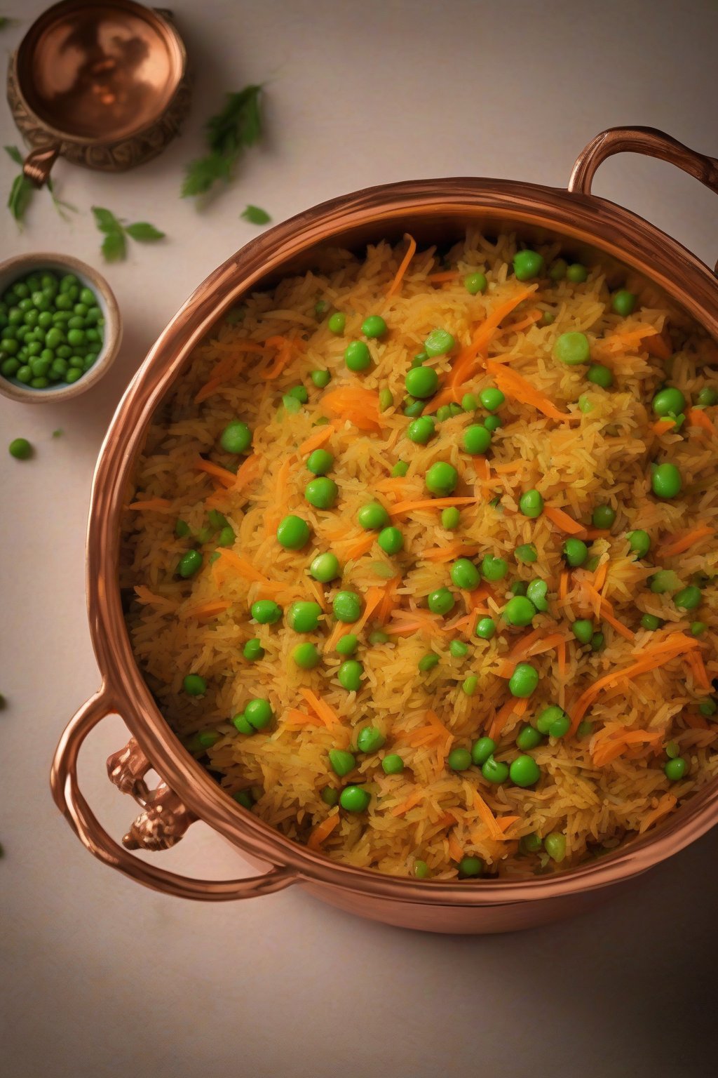 A high-resolution photo of orange carrot peas pulao flecked with saffron, in a copper pot, under soft lighting.