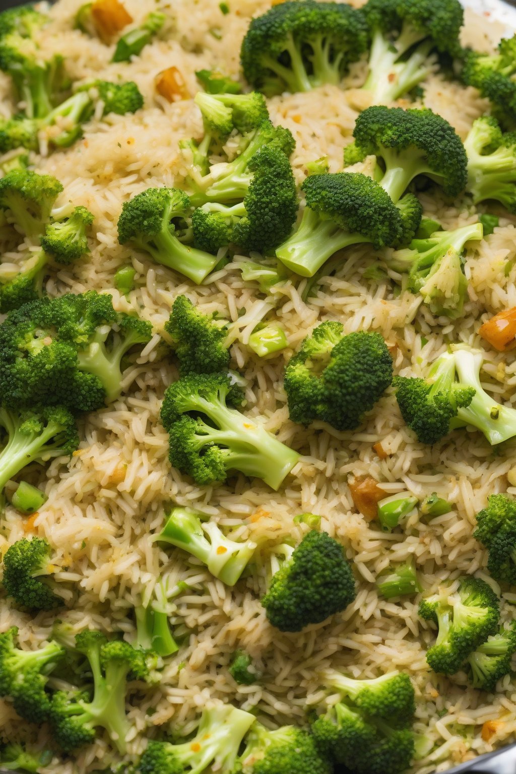 A high-resolution photo of fluffy broccoli cauli pulao with green flecks, served family-style, under soft lighting.