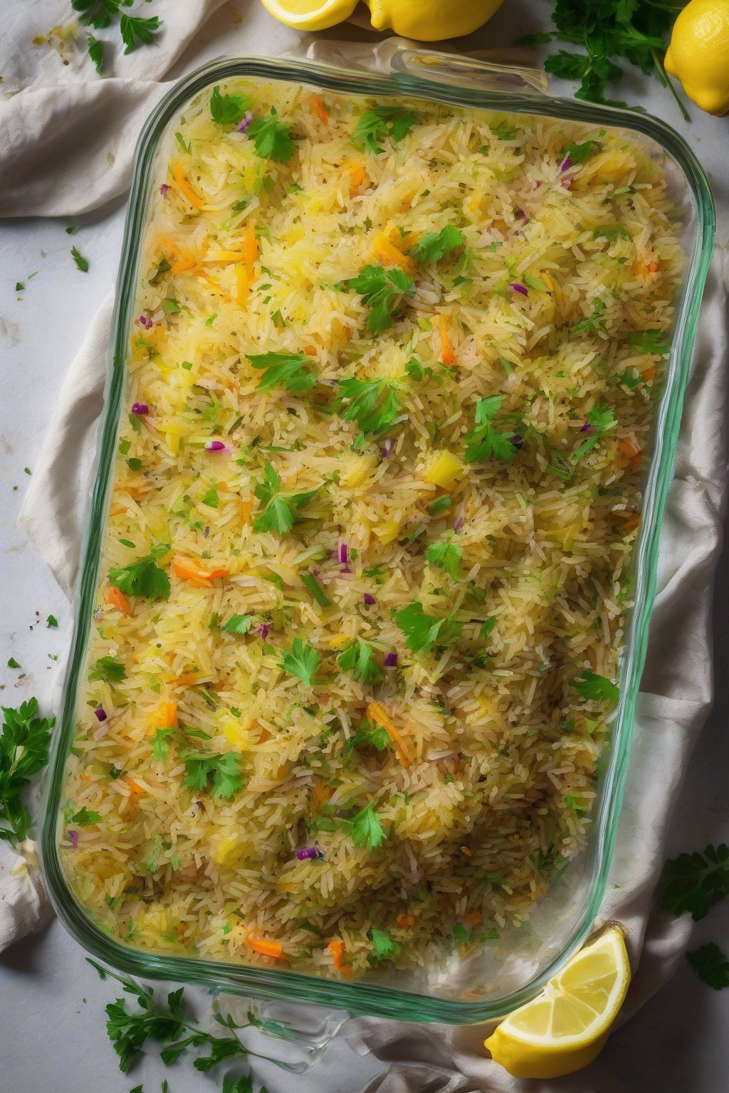 A high-resolution photo of bright lemon veg pulao with zest sprinkles and herbs, in a glass dish, under soft lighting.
