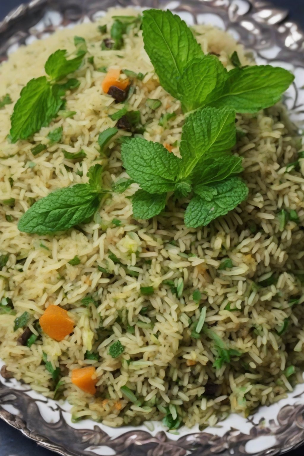 A high-resolution photo of green-tinged minty veg pulao topped with whole mint leaves, under soft lighting.