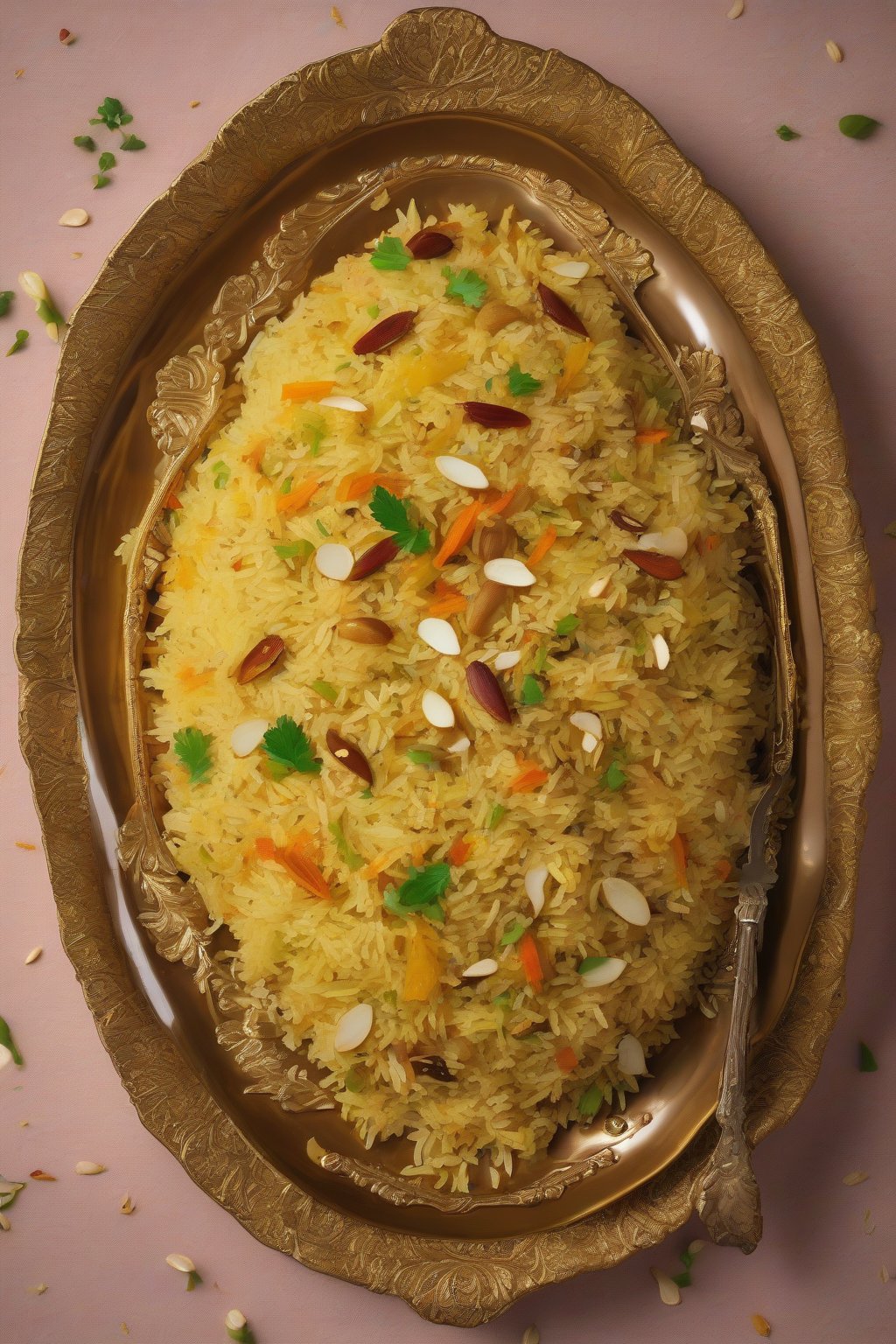 A high-resolution photo of golden saffron veg pulao with slivered almonds, in an ornate plate, under soft lighting.