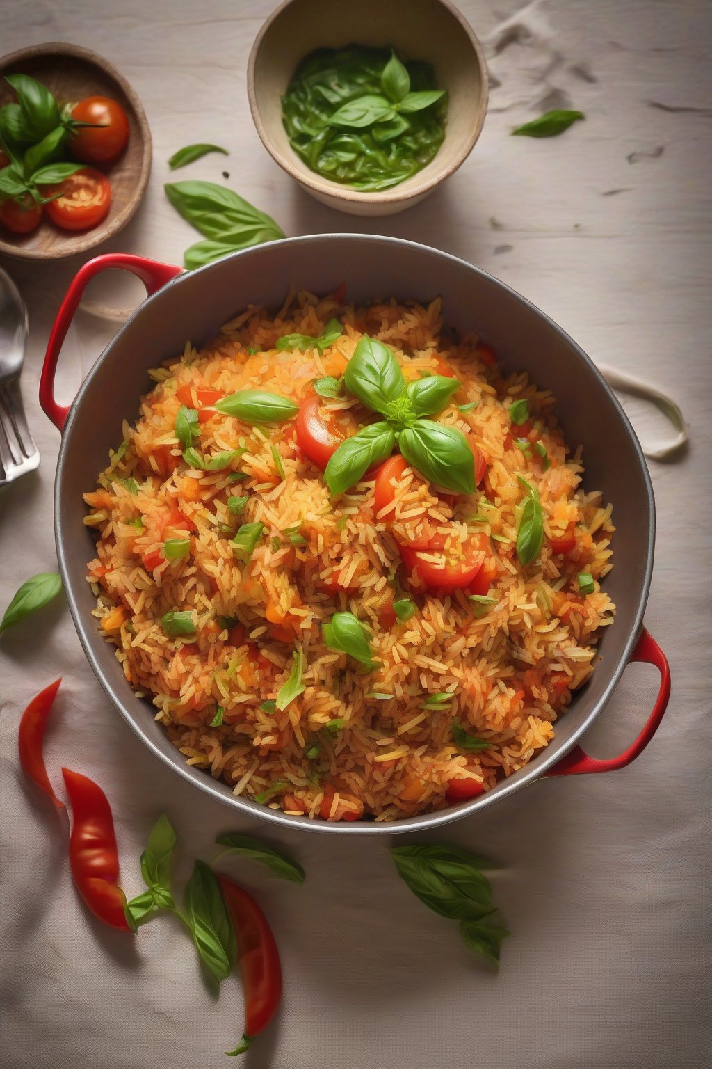 A high-resolution photo of red-hued tomato veg pulao with basil garnish, steaming hot, under soft lighting.