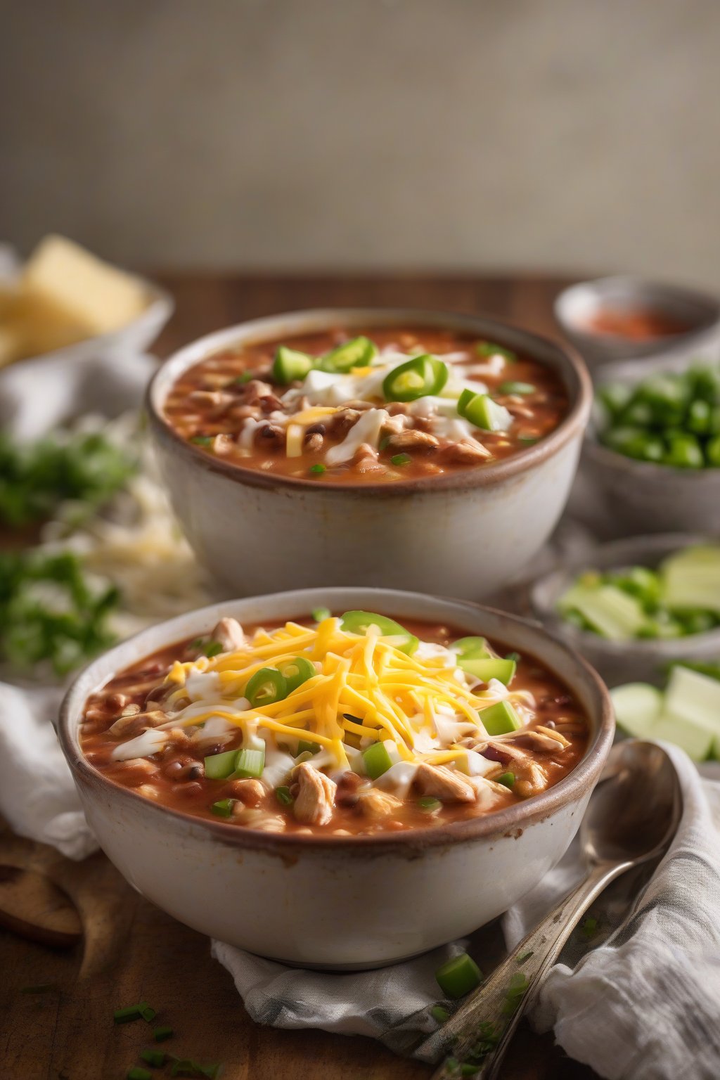 A high-resolution photo of a steaming bowl of classic chicken chili topped with cheese and green onions under soft lighting.