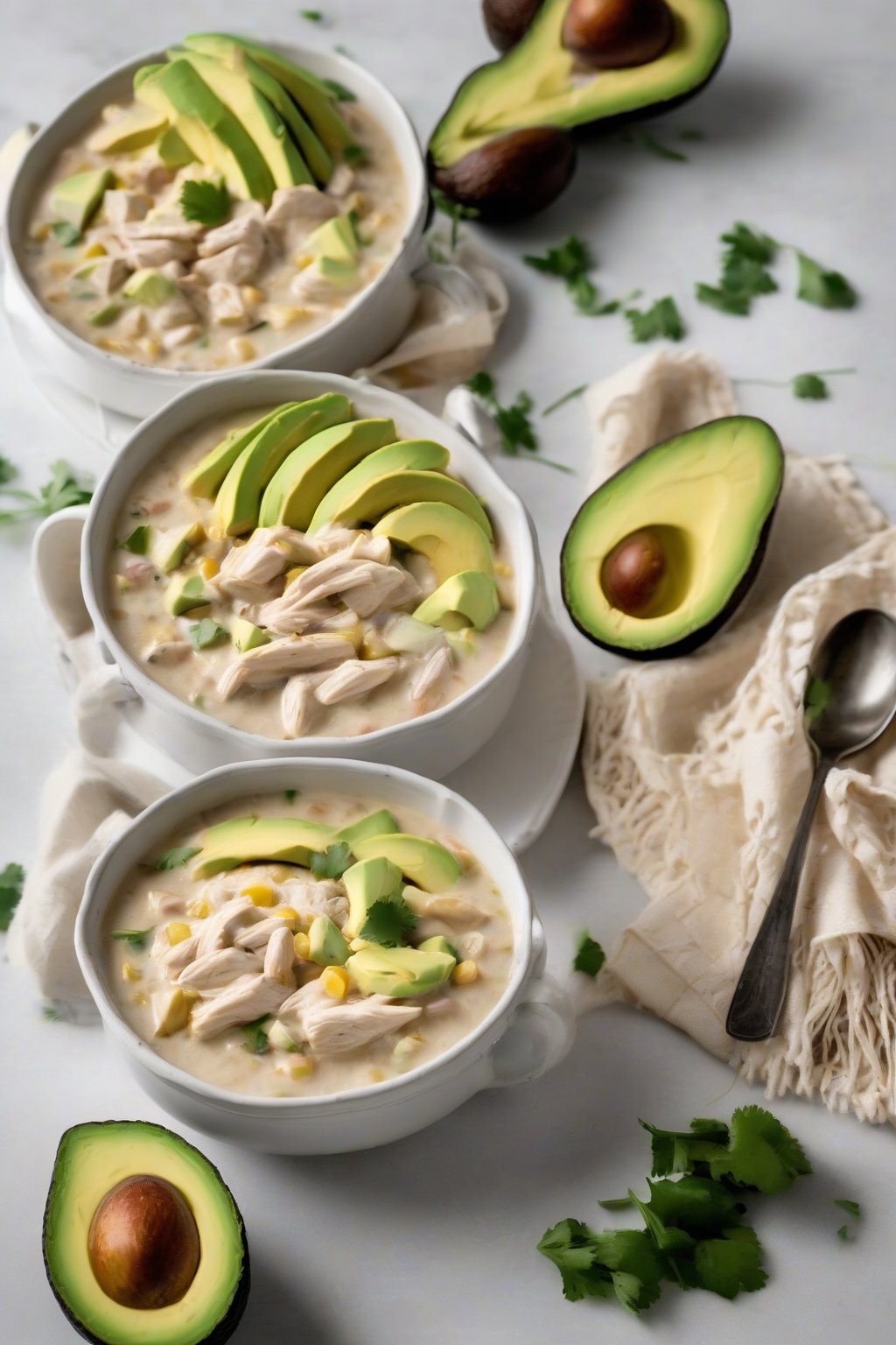 A high-resolution photo of creamy white chicken chili garnished with avocado slices under soft lighting.