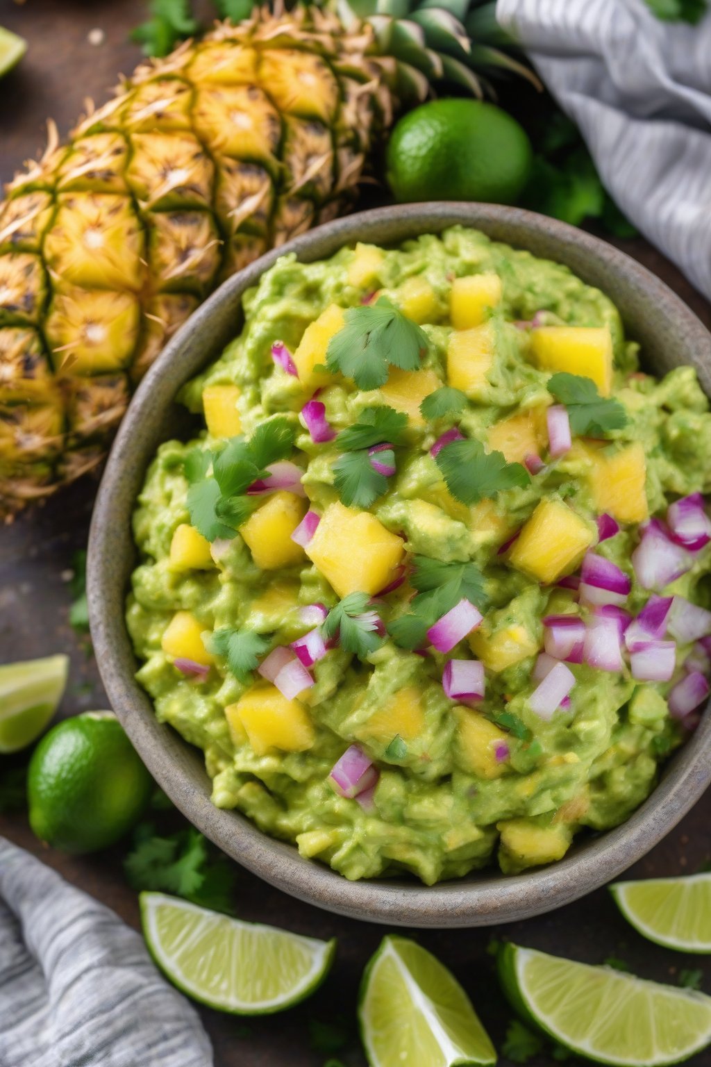 A high-resolution photo of tropical pineapple guacamole garnished with pineapple chunks and lime zest, in a vibrant bowl, under soft lighting.